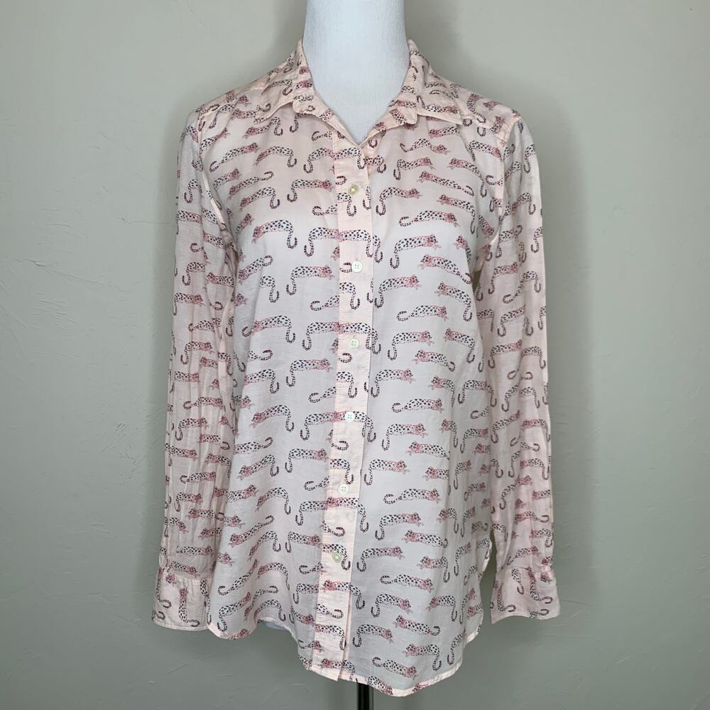 LOFT Light Pink Cotton Button Up Blouse Sz XS Cheetah Leopard Print